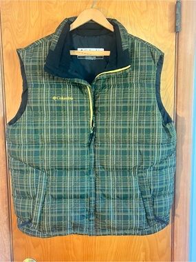 Columbia Men's L Speed Thrills Puffer Vest Gremlin Green Plaid Tartan Down Fill